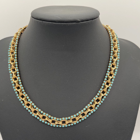 Vintage Les Bernard 15" Collar Necklace Gold Tone Faux Turquoise - Picture 1 of 10
